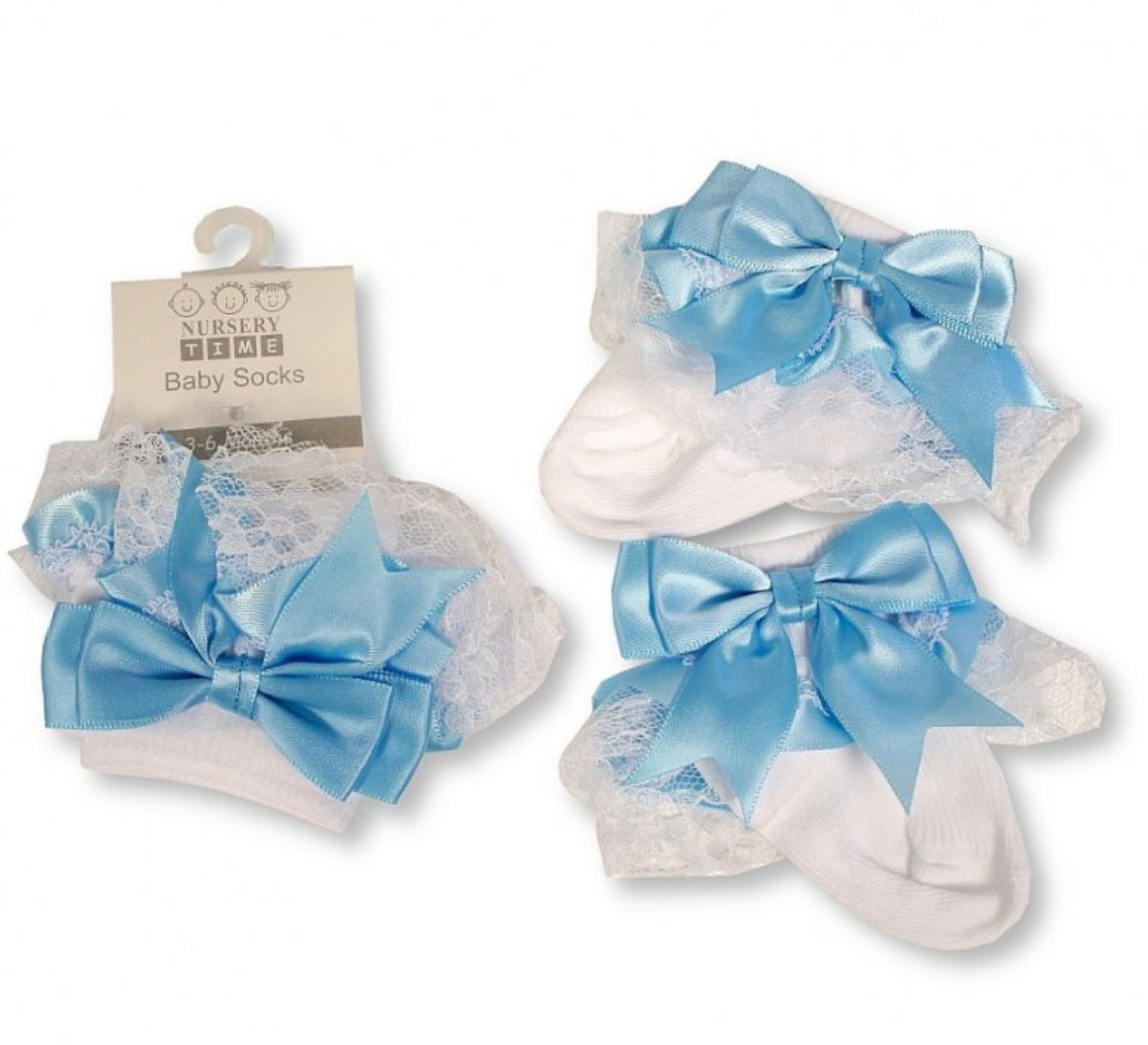 Blue Frilly Satin Bow Socks