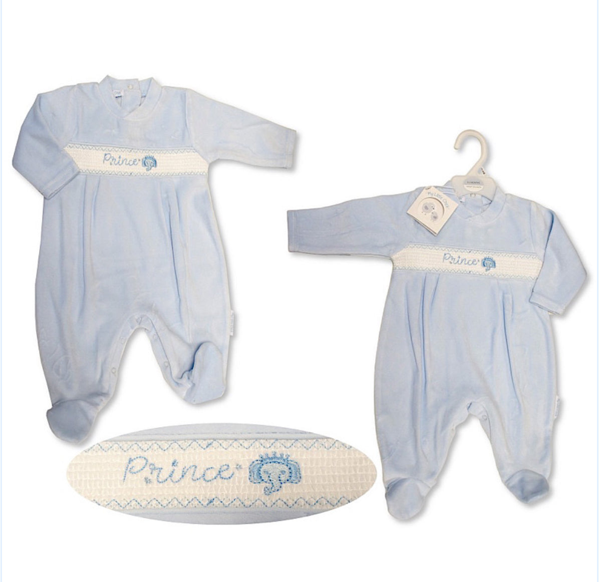 Baby Blue Velour Prince Baby Grow