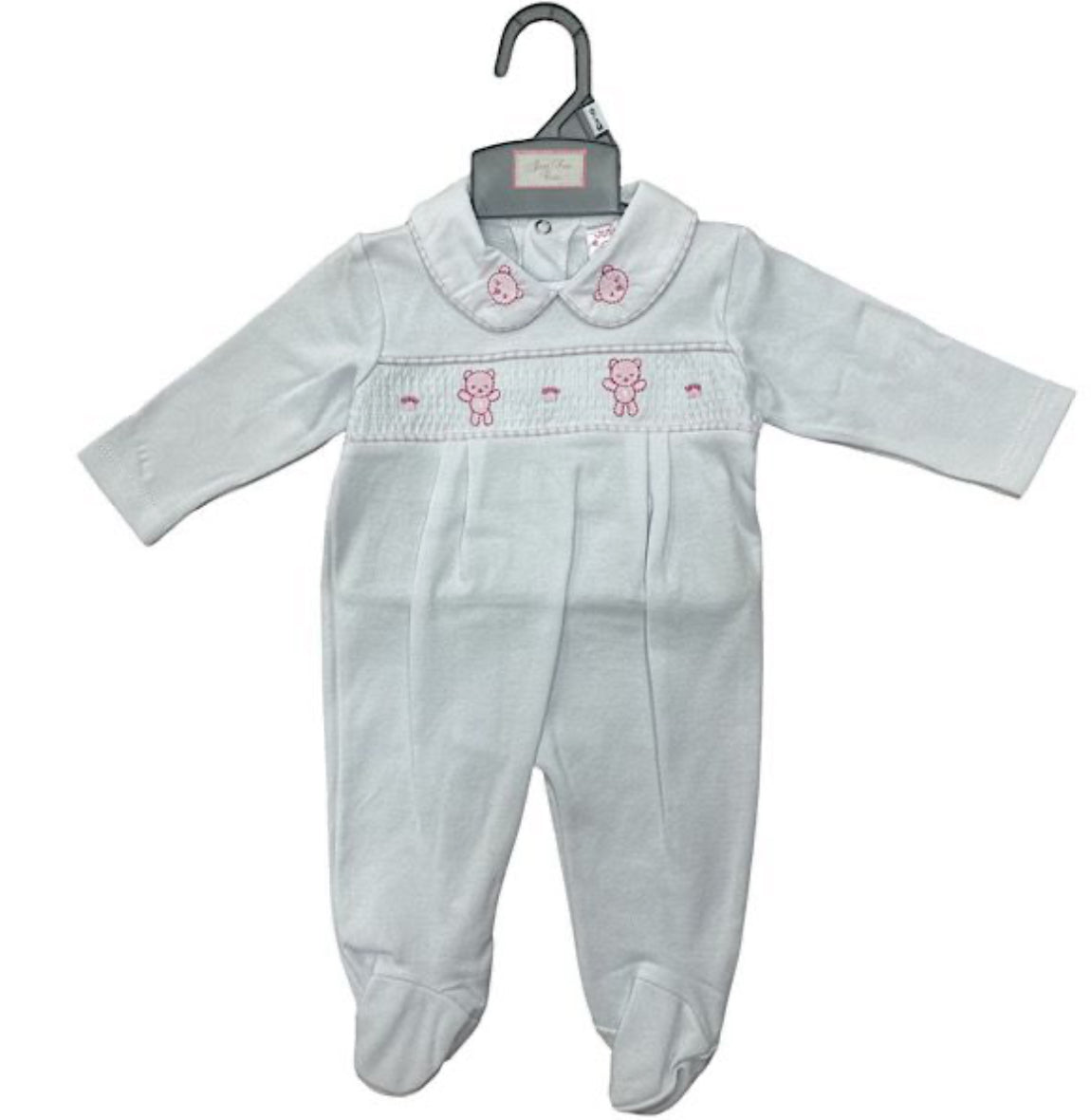 Ivory & Pink Teddy Smock Sleep Suit