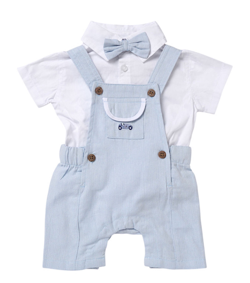 Blue & White Car Print Bow Dungarees Outfit