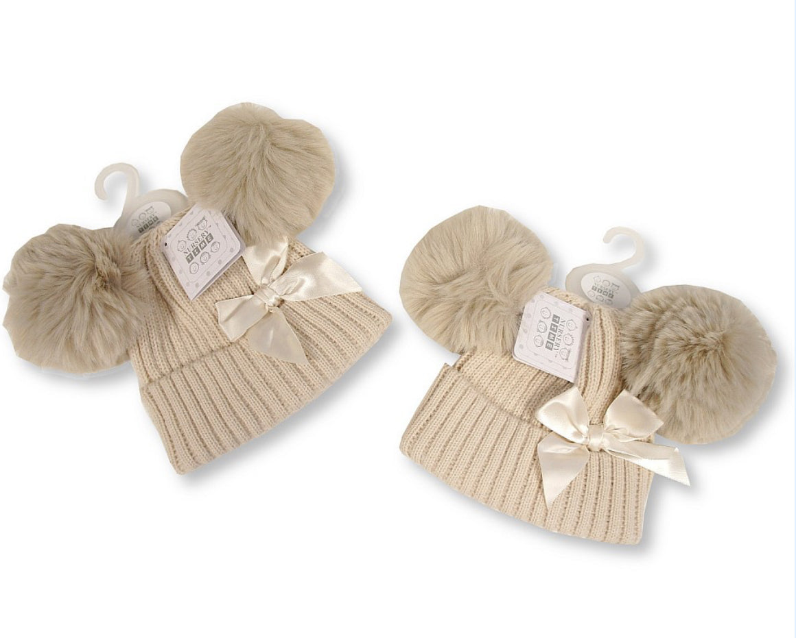 Beige Double Pom Pom Hat