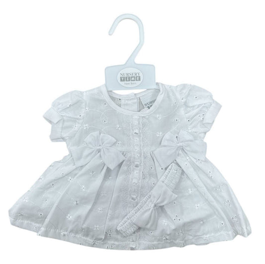 White Cotton Bow Dress & Head Band