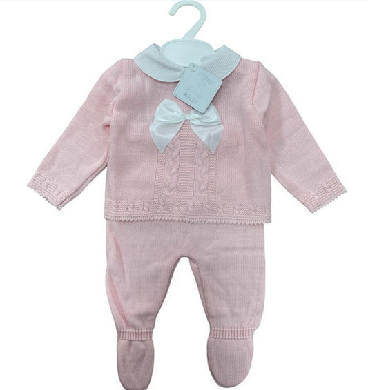 Pink Cable Knit Bow 2pc Outfit Set