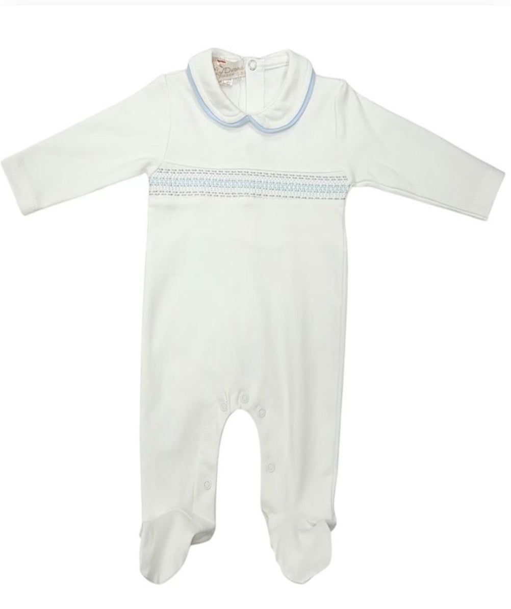Baby Boys Ivory & Blue Smocked Sleep Suit
