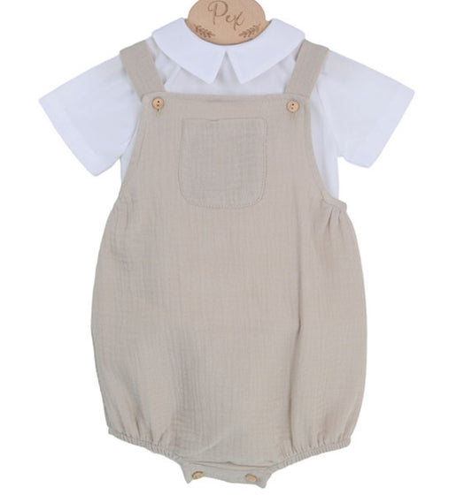 Pex Beige 2pc Crepe Dungarees Set