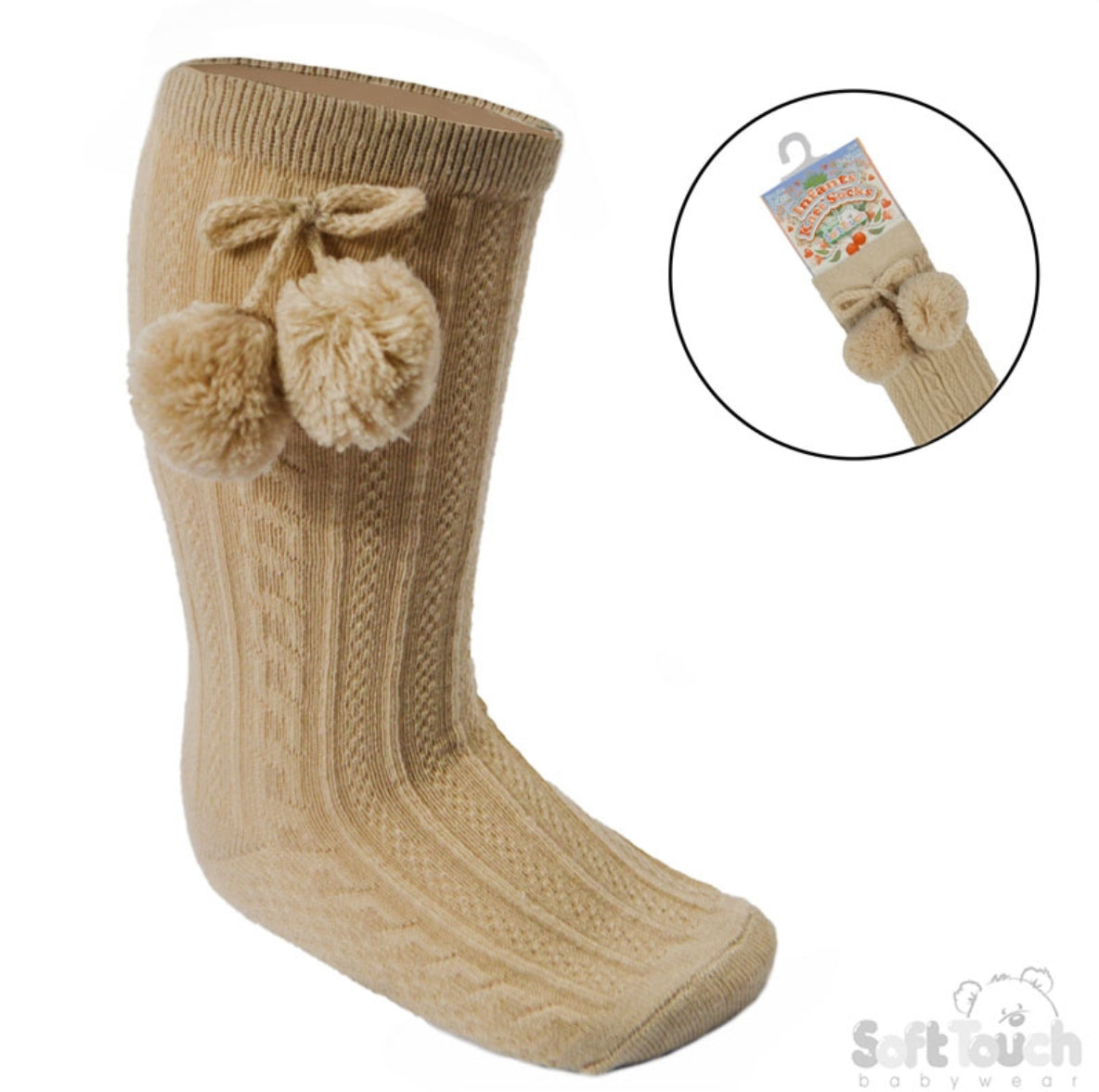 Beige Knee High Pom Pom Socks