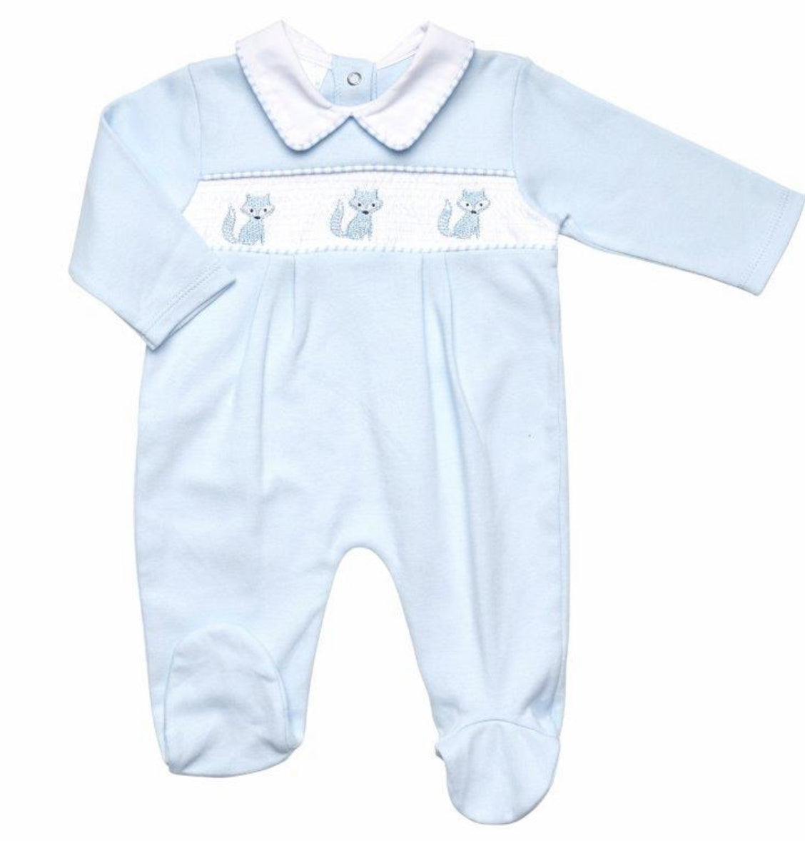 Baby Blue Smocked Fox Sleep Suit