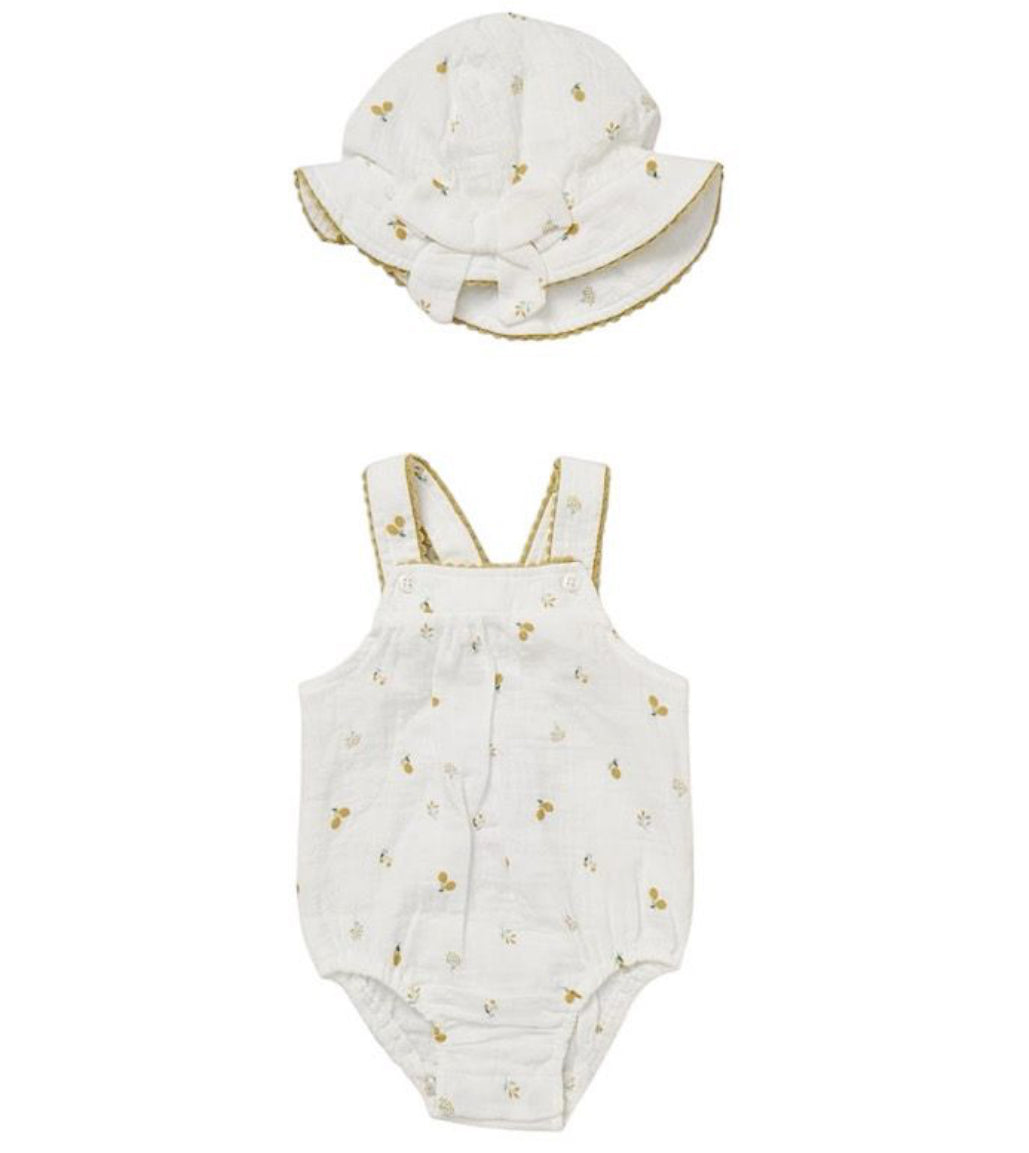 Floral & Cherries Dungarees Romper & Hat