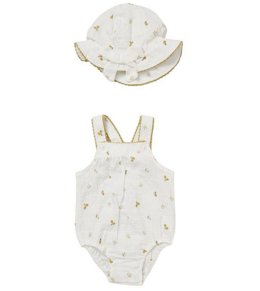 Floral & Cherries Dungarees Romper & Hat