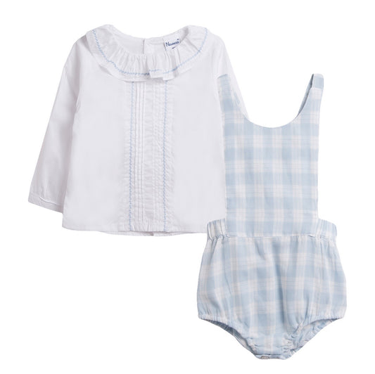 Blue Plaid Dungarees Romper & Shirt Set