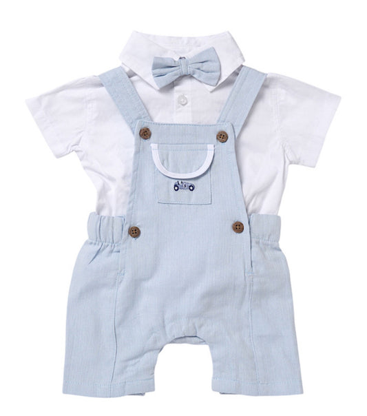 Blue & White Car Print Bow Dungarees Outfit